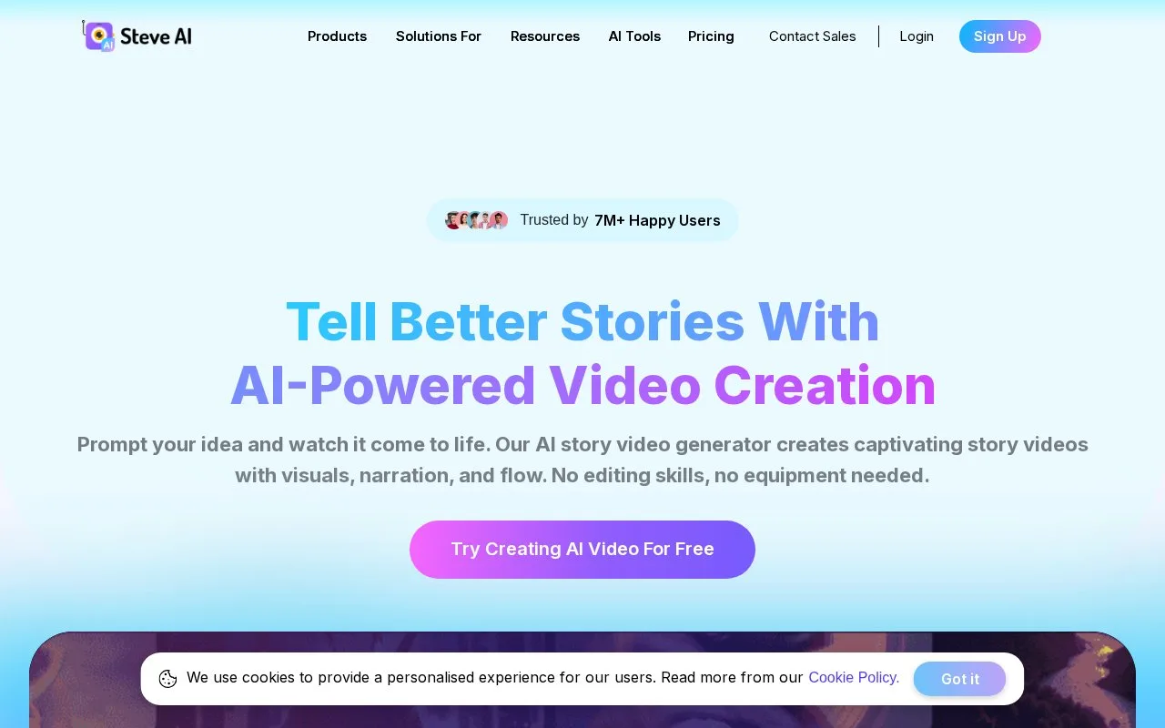 Screenshot of the Steve AI homepage