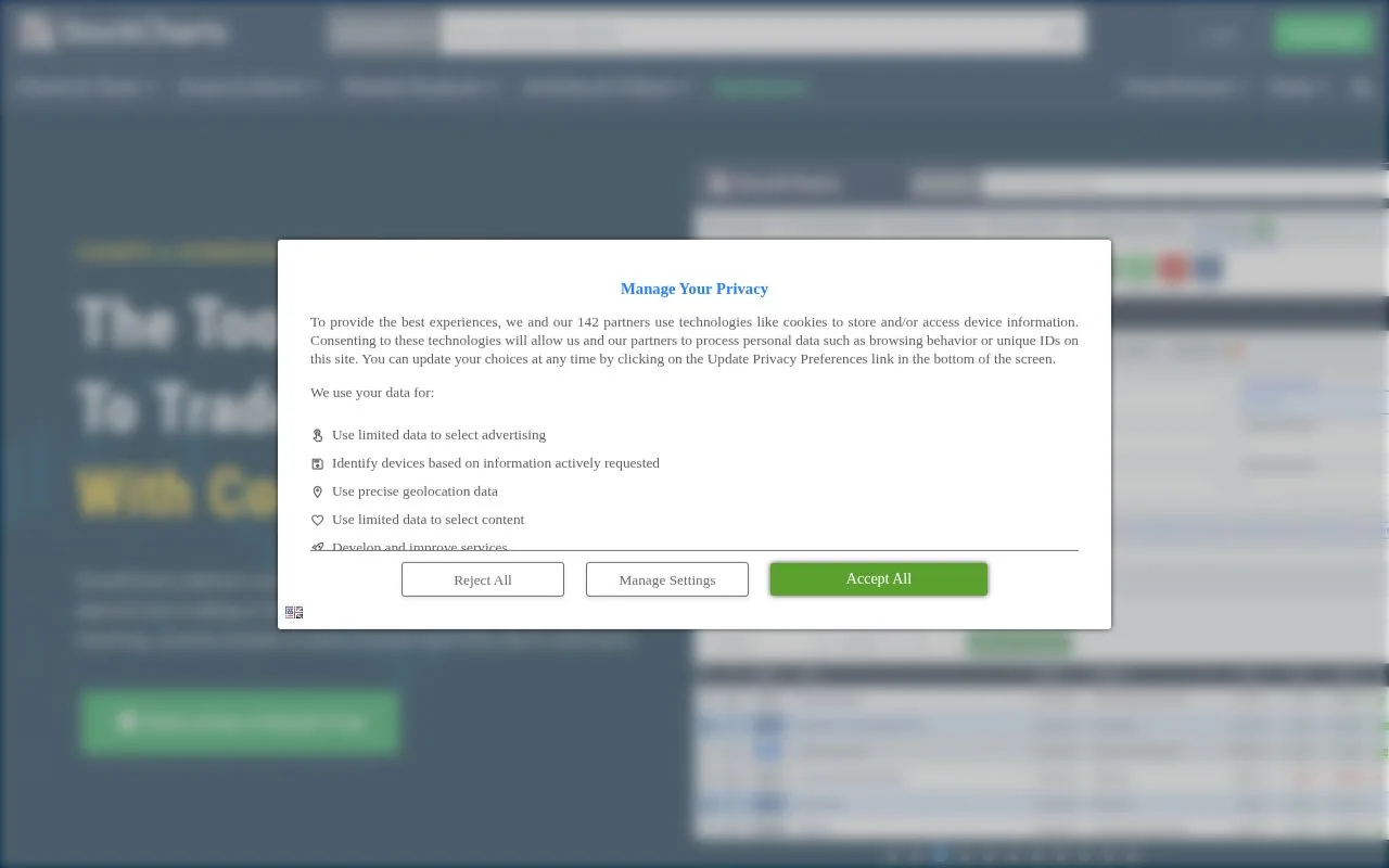 Screenshot of the StockCharts homepage