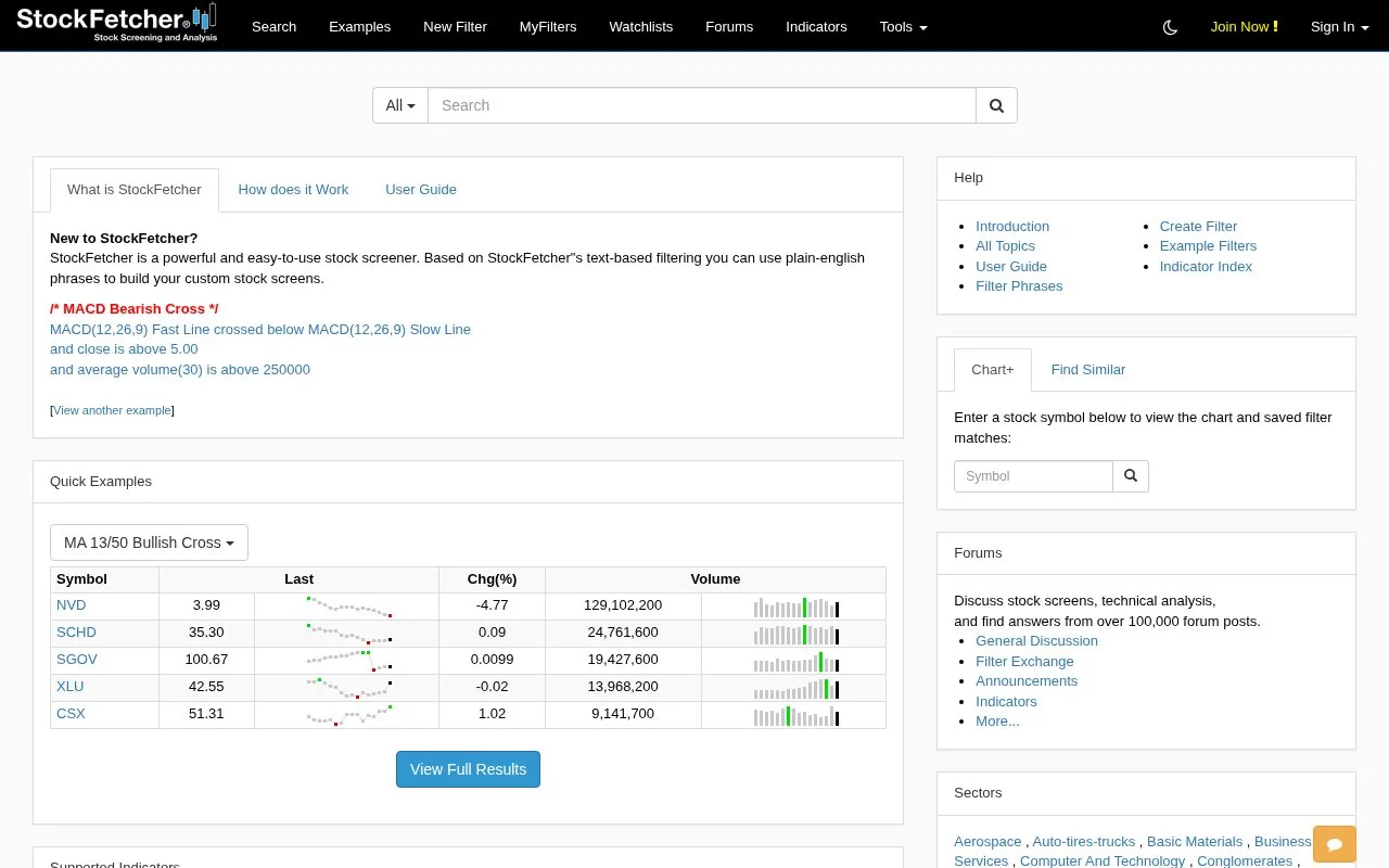 Screenshot of the StockFetcher homepage