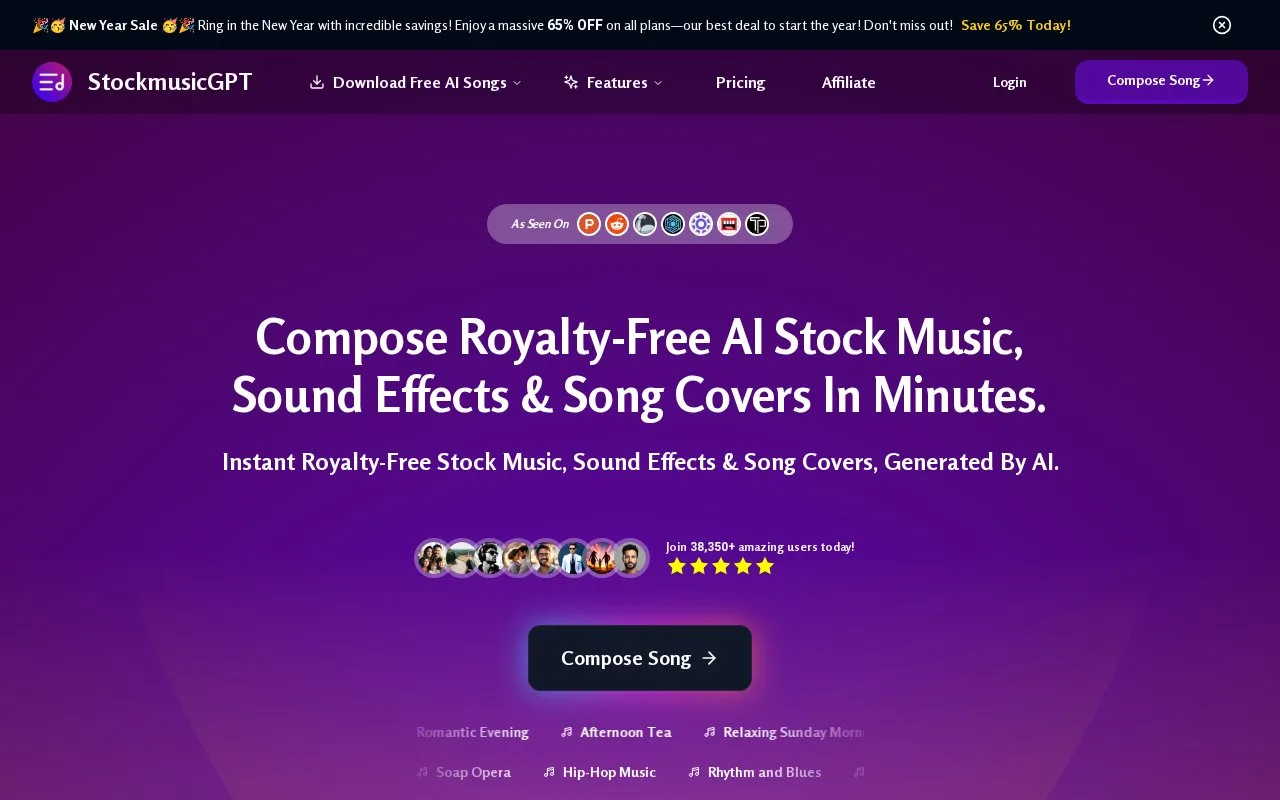 Screenshot of the StockmusicGPT homepage