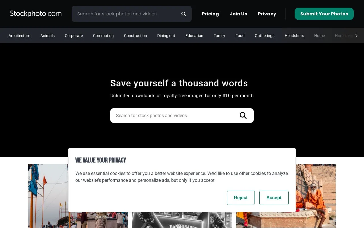 Screenshot of the Stockphoto.com homepage