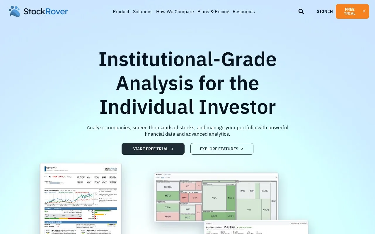 Screenshot of the Stock Rover homepage