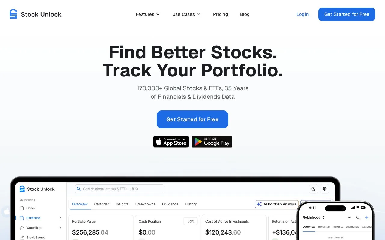 Screenshot of the Stock Unlock homepage