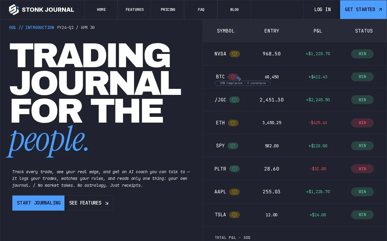 Screenshot of the StonkJournal homepage