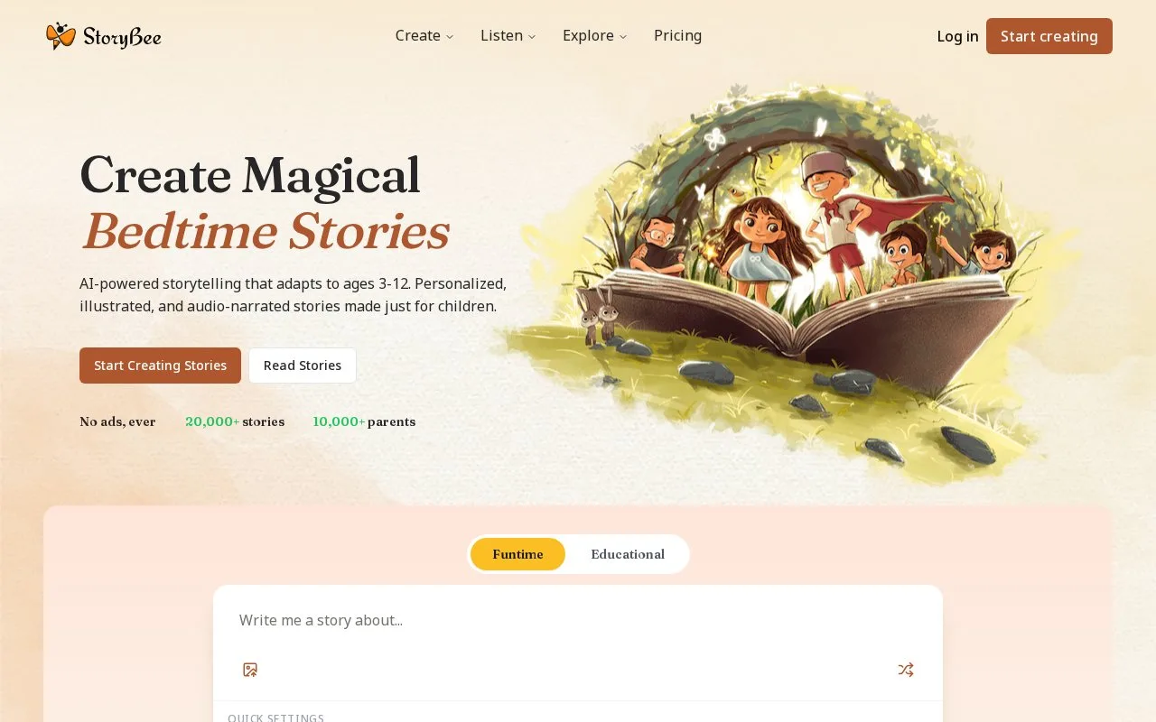 Screenshot of the StoryBee homepage