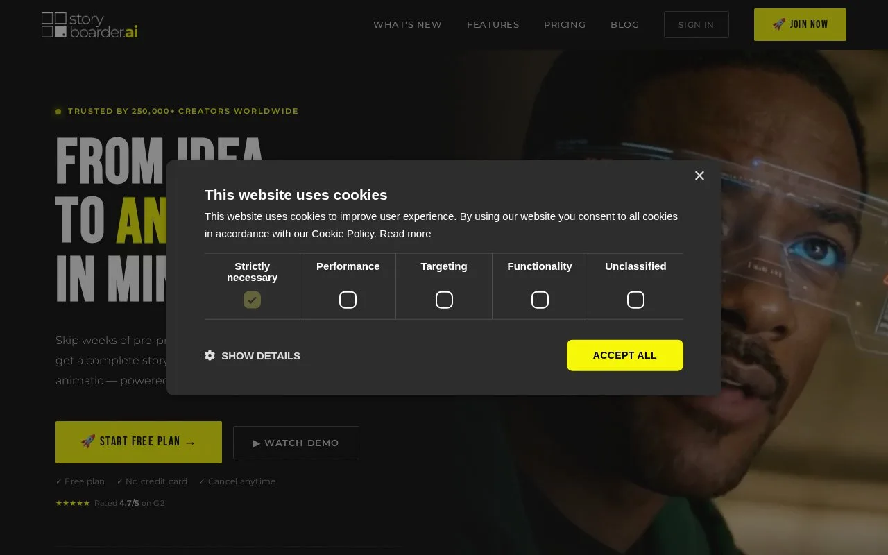 Screenshot of the Storyboarder.ai homepage