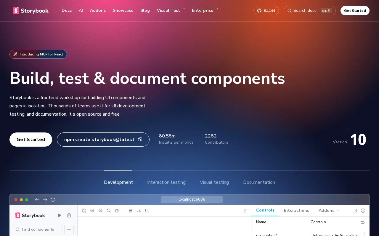 Screenshot of the Storybook homepage