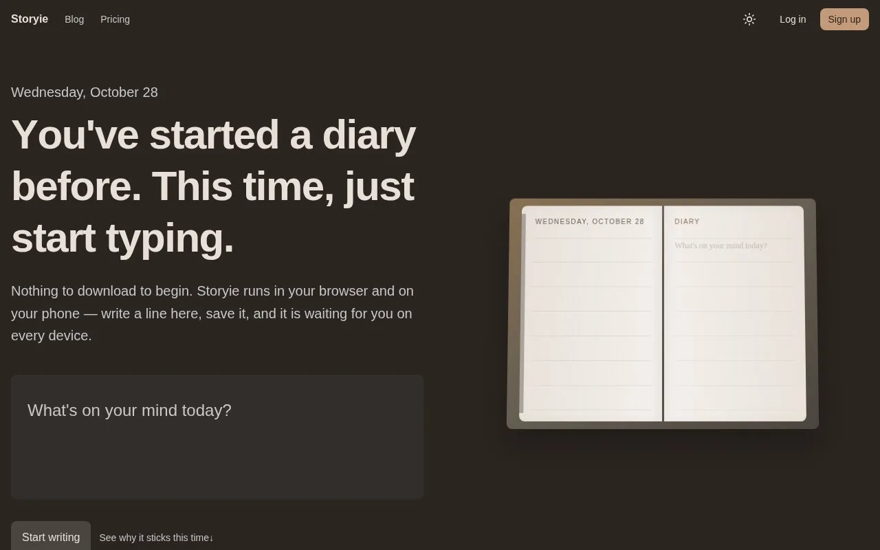 Screenshot of the Storyie homepage