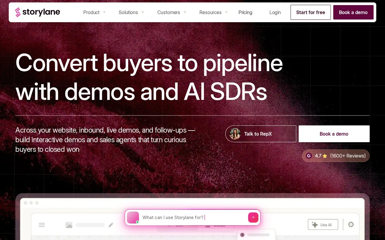 Screenshot of the Storylane homepage