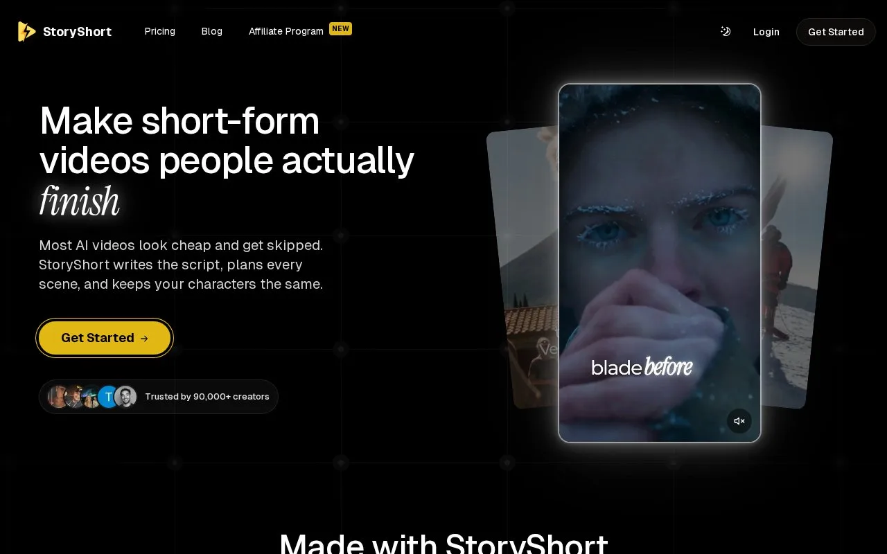 Screenshot of the StoryShort homepage
