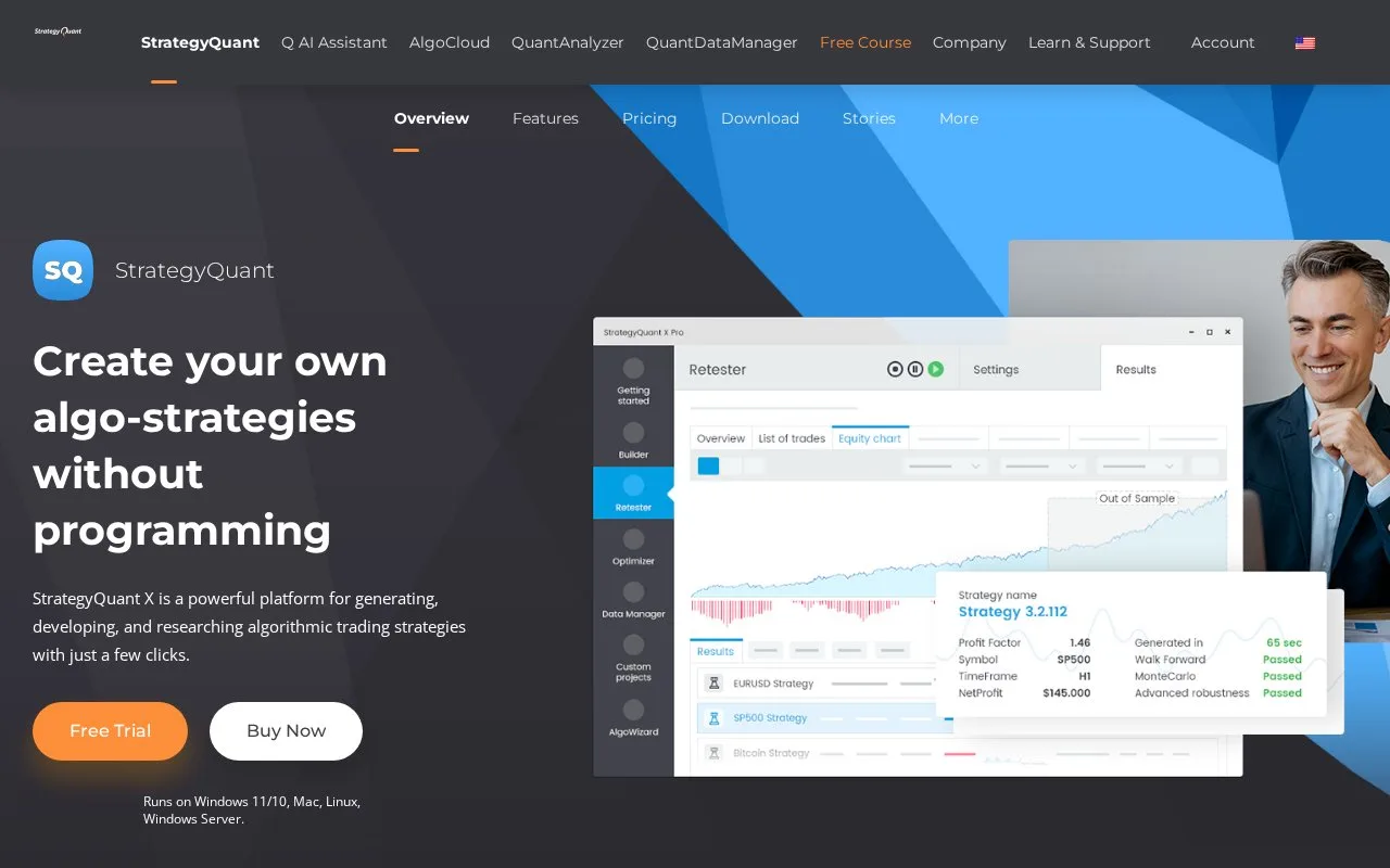 Screenshot of the StrategyQuant homepage