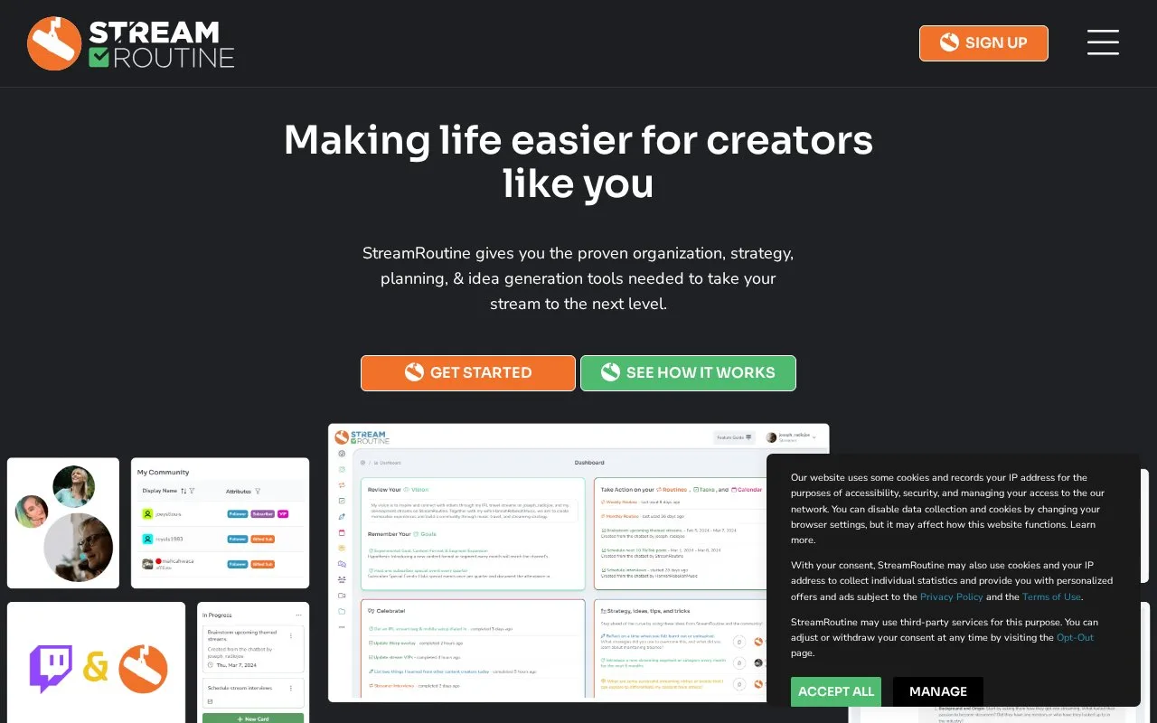 Screenshot of the StreamRoutine homepage