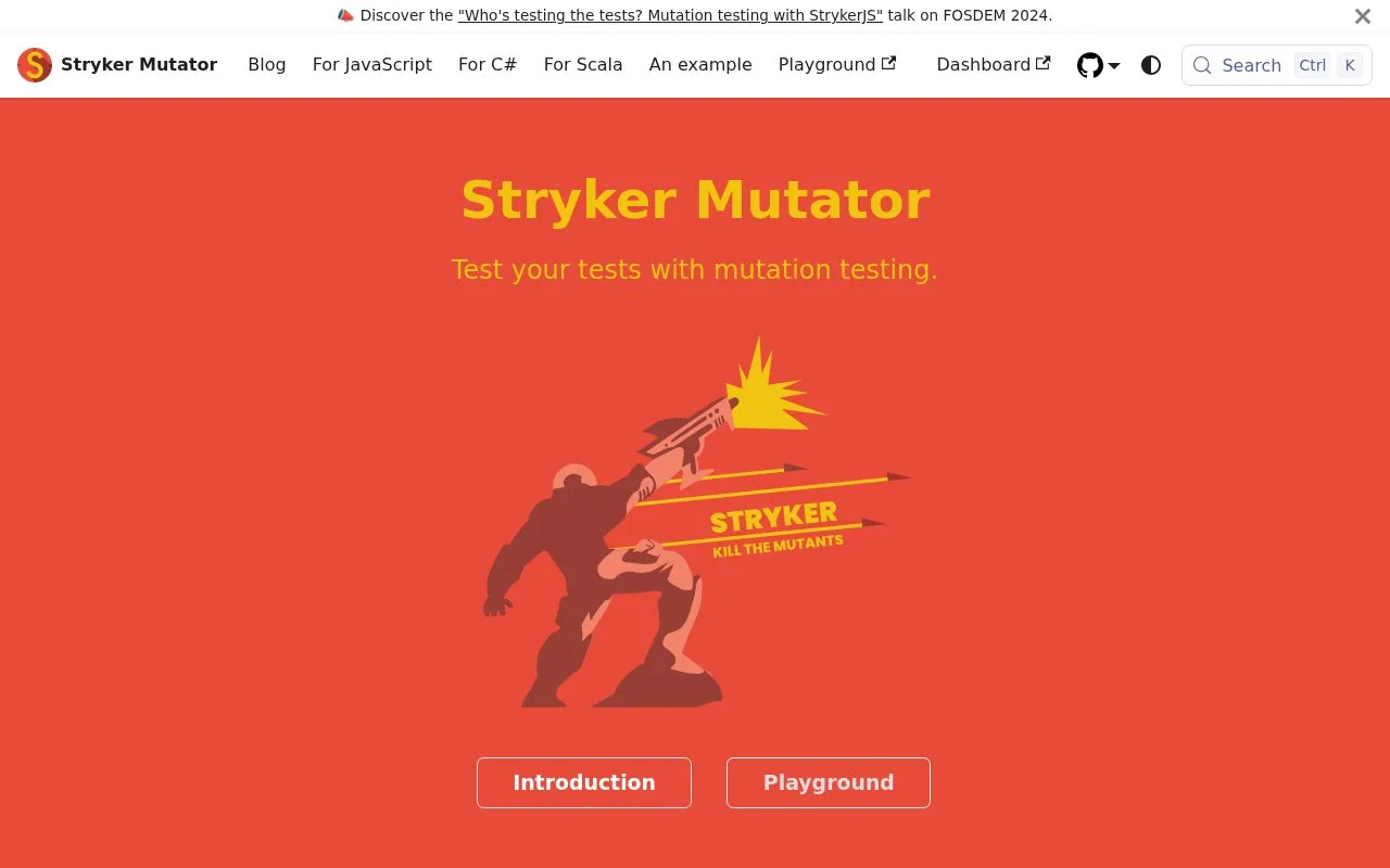 Screenshot of the StrykerJS homepage