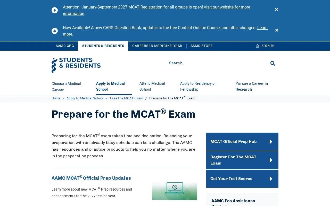 Screenshot of the AAMC MCAT Official Prep homepage