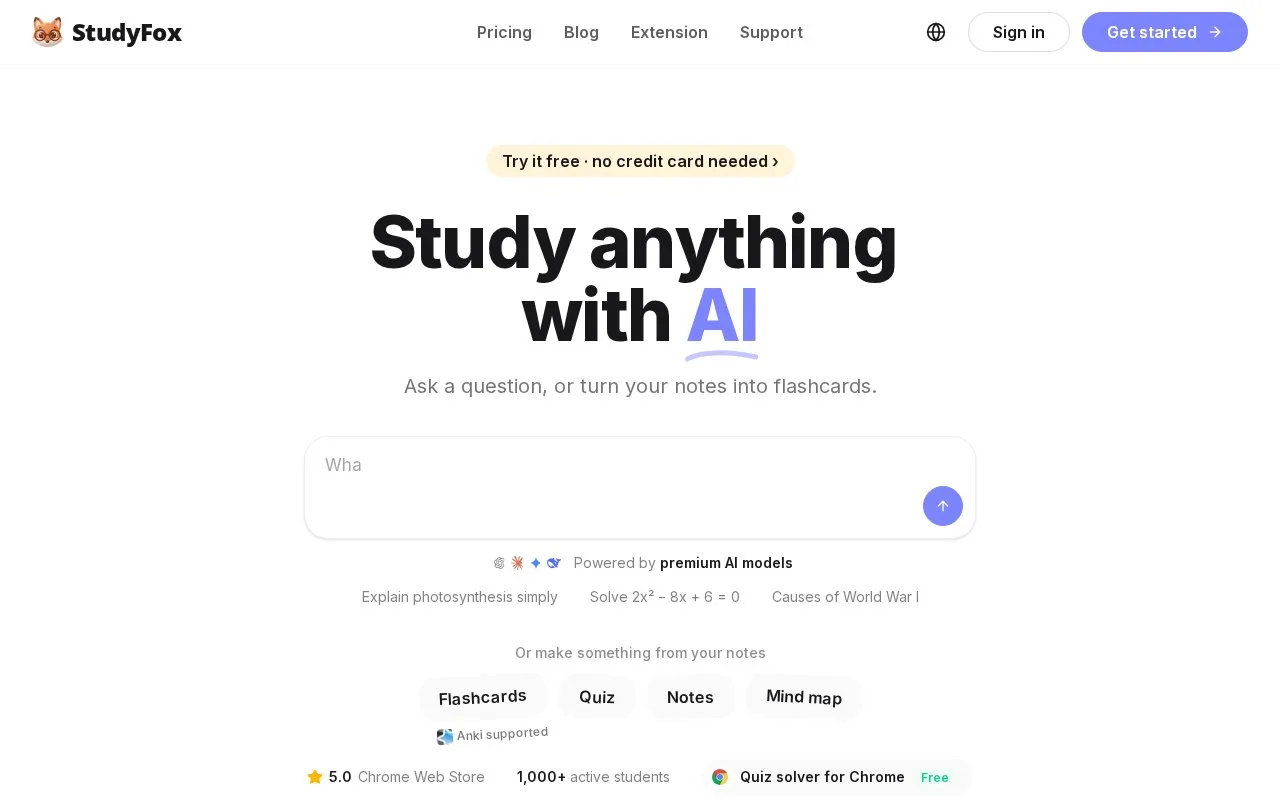 Screenshot of the StudyFox homepage