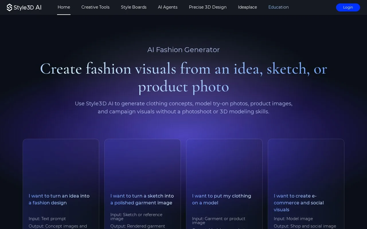 Screenshot of the Style3D AI homepage