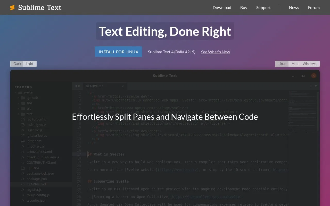Screenshot of the Sublime Text homepage