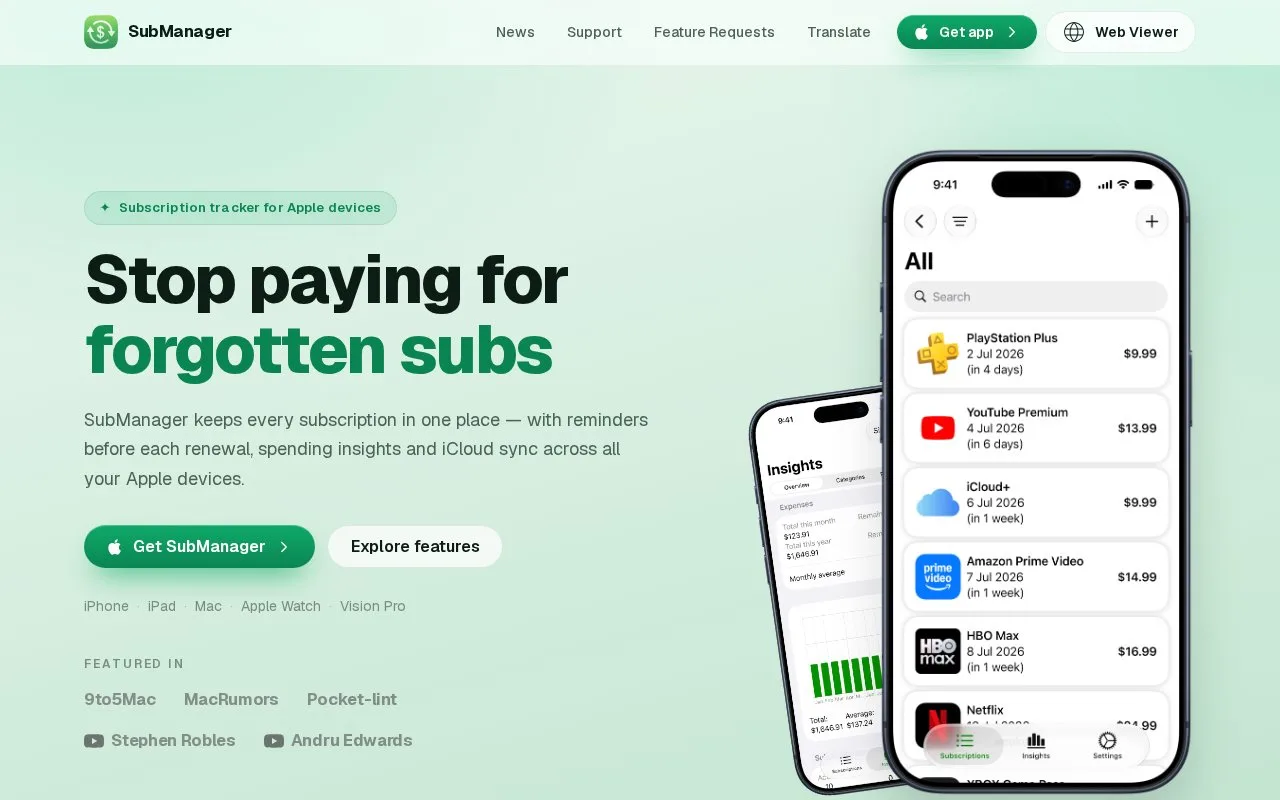 Screenshot of the SubManager homepage