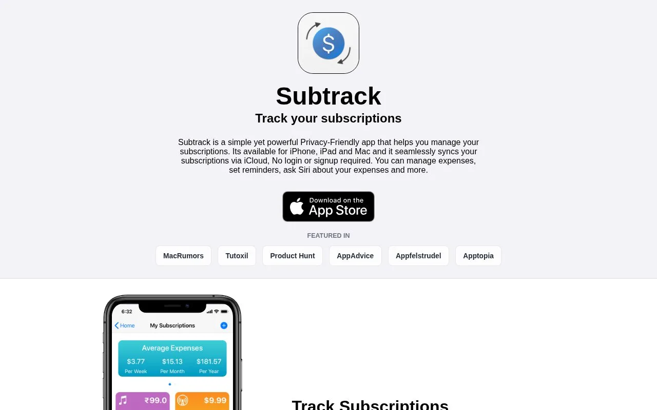 Screenshot of the Subtrack homepage