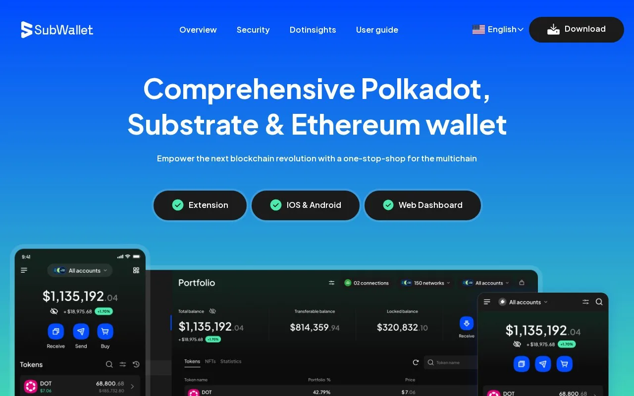 Screenshot of the SubWallet homepage