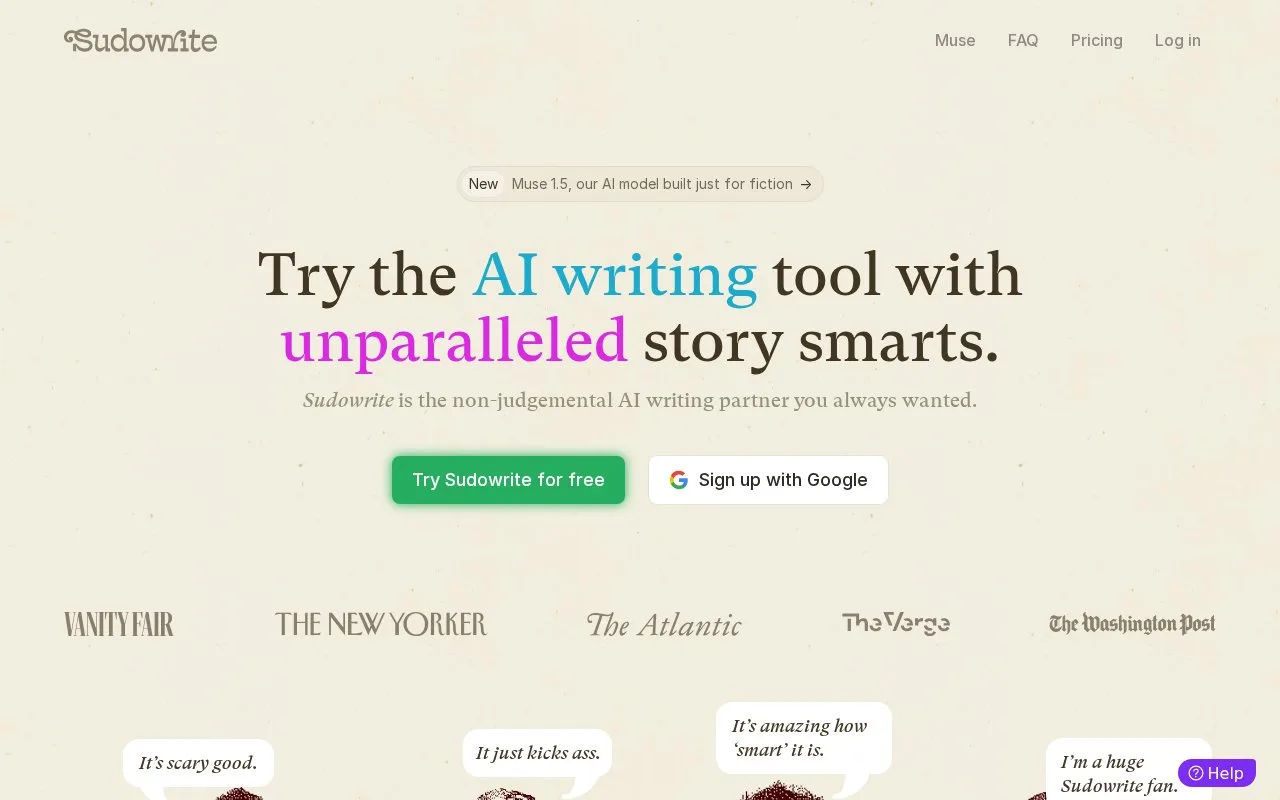 Screenshot of the Sudowrite homepage