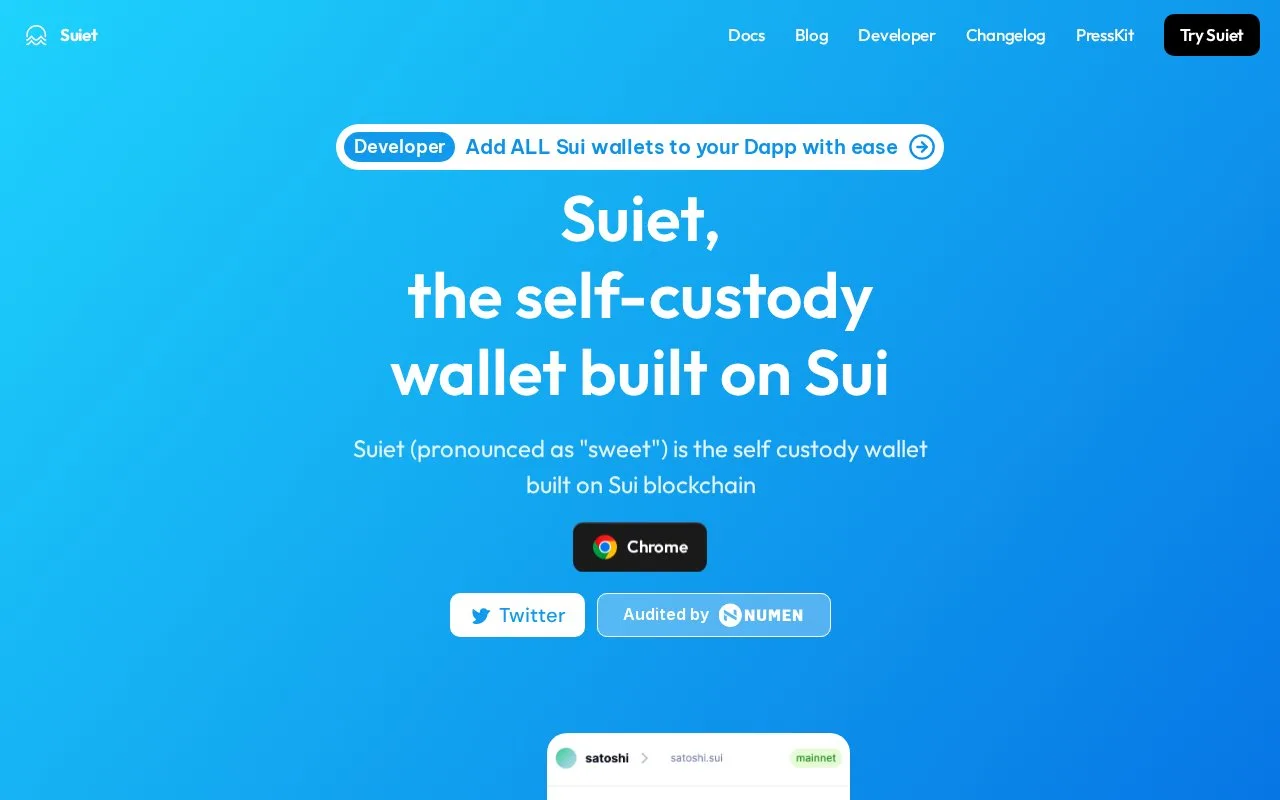 Screenshot of the Suiet homepage