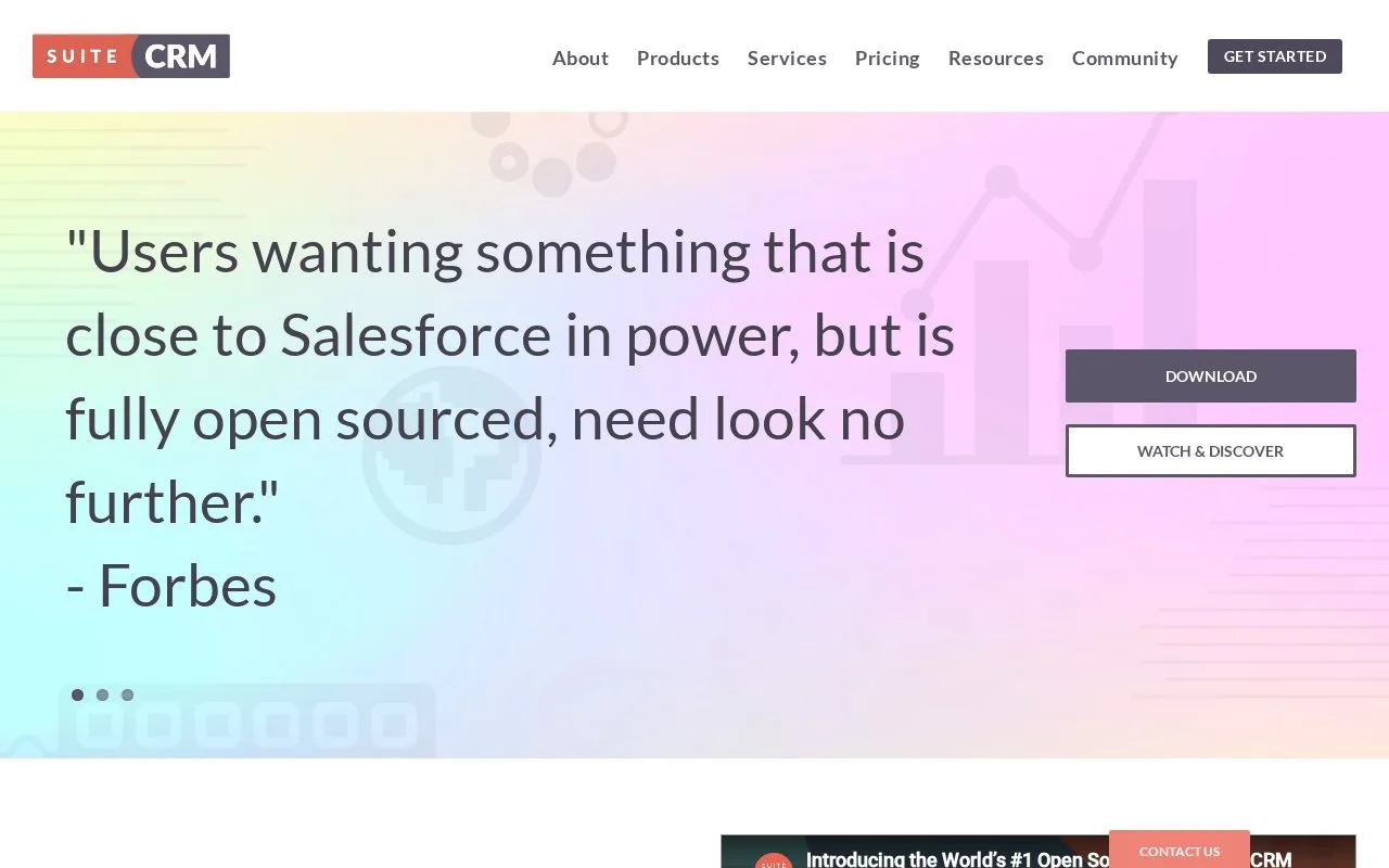 Screenshot of the SuiteCRM homepage