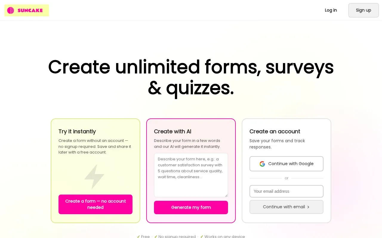 Screenshot of the SunCake homepage