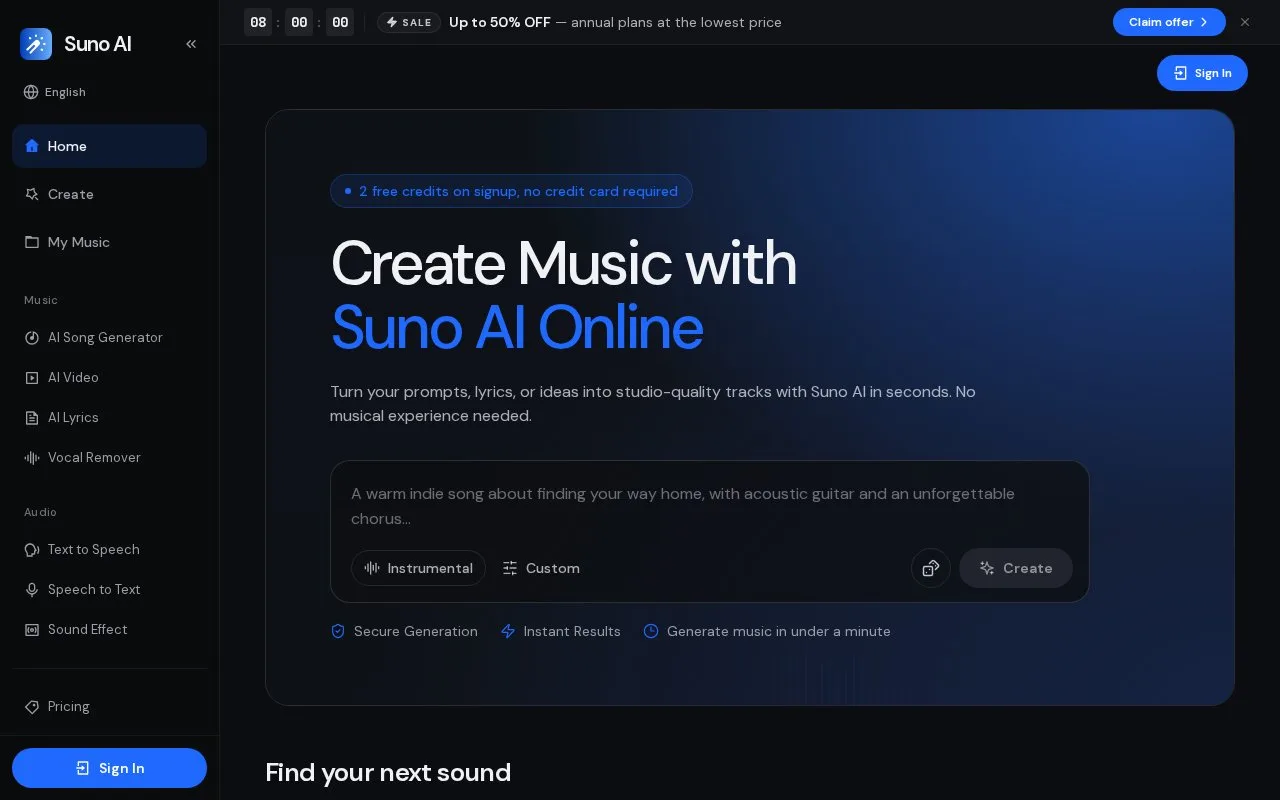 Screenshot of the Suno AI homepage