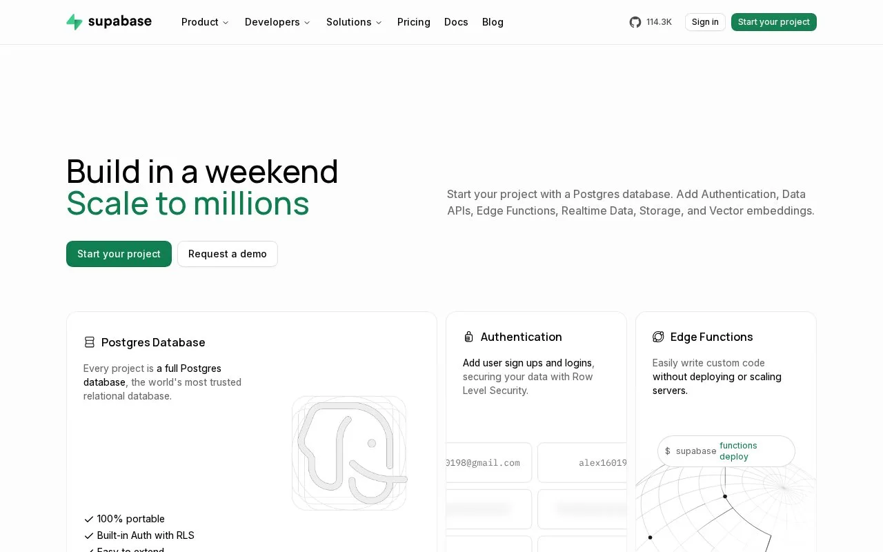 Screenshot of the Supabase Database homepage