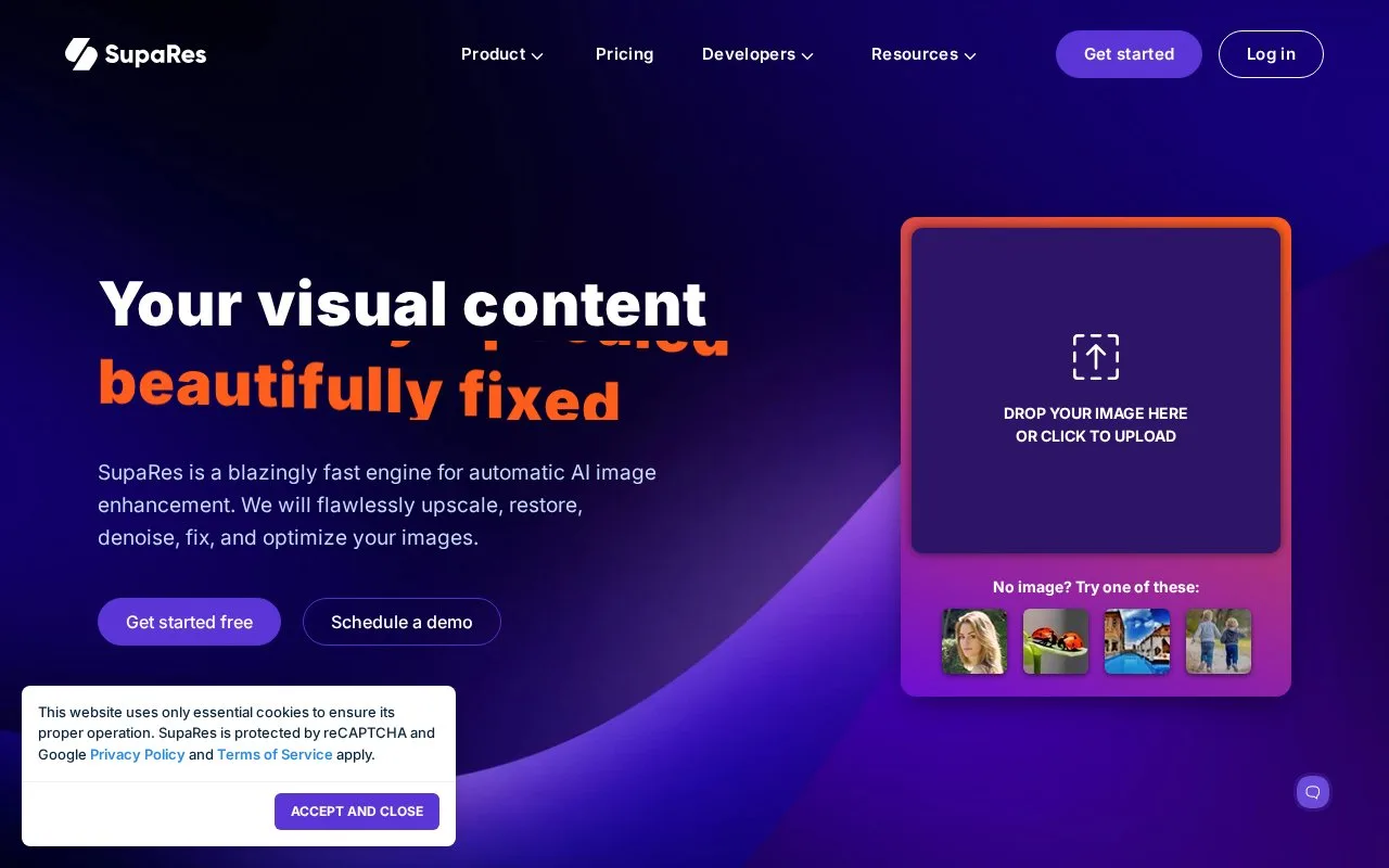 Screenshot of the SupaRes homepage