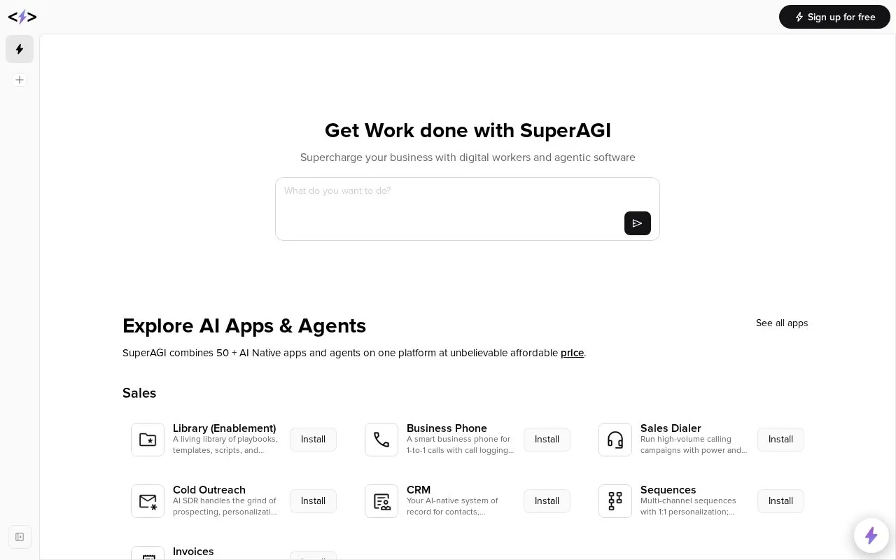 Screenshot of the SuperAGI homepage