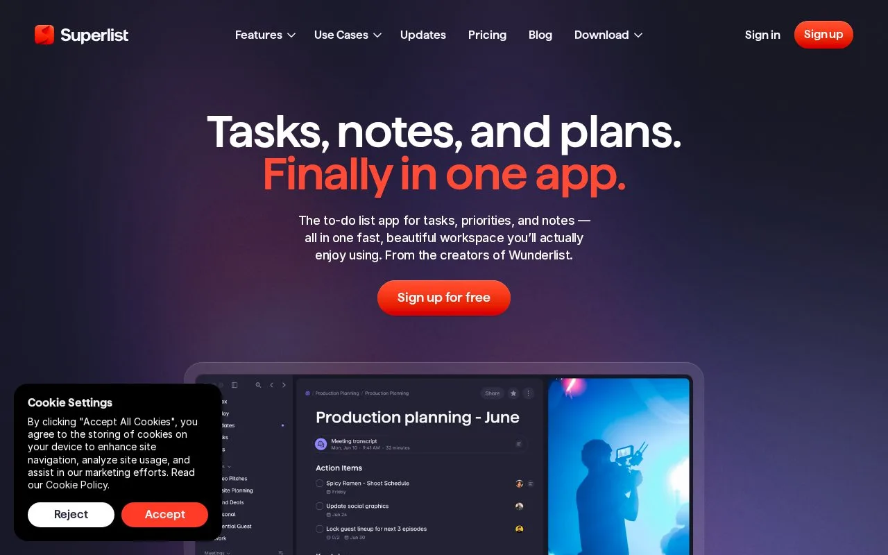 Screenshot of the Superlist homepage