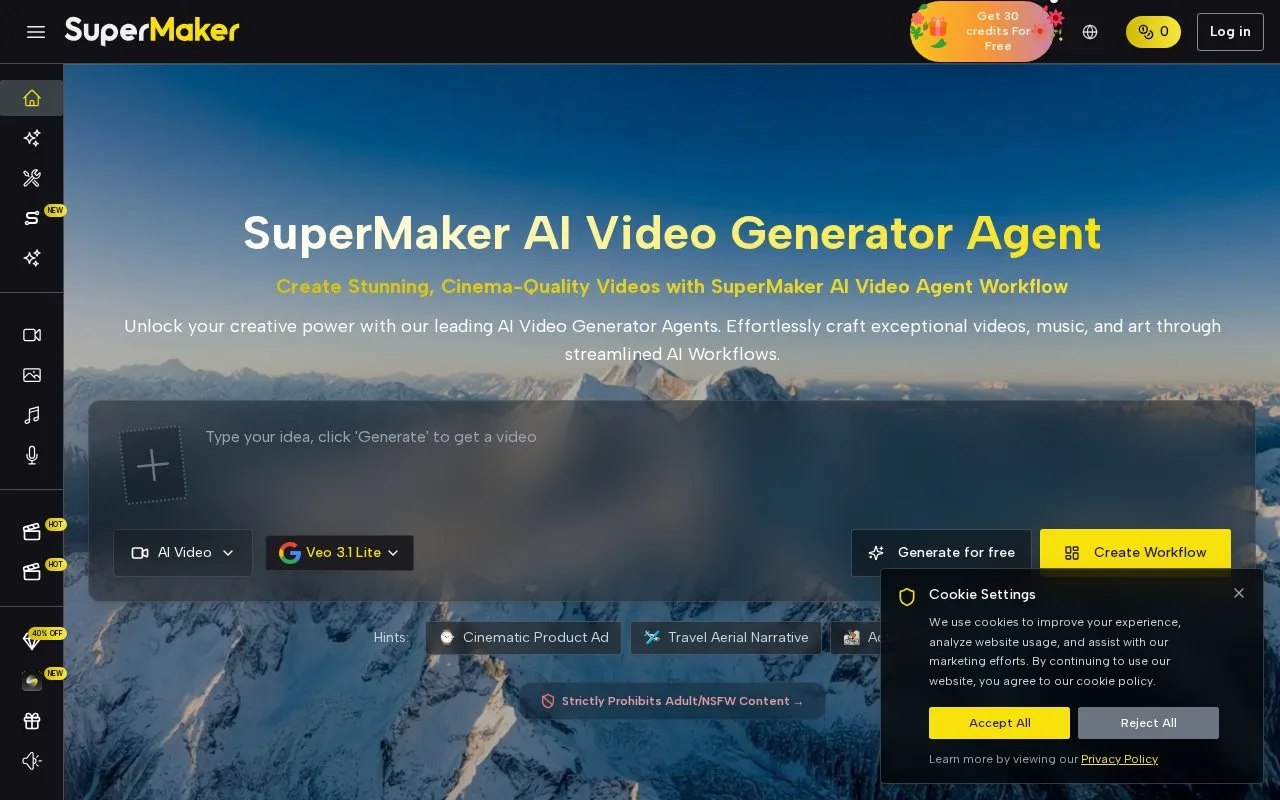 Screenshot of the SuperMaker AI homepage