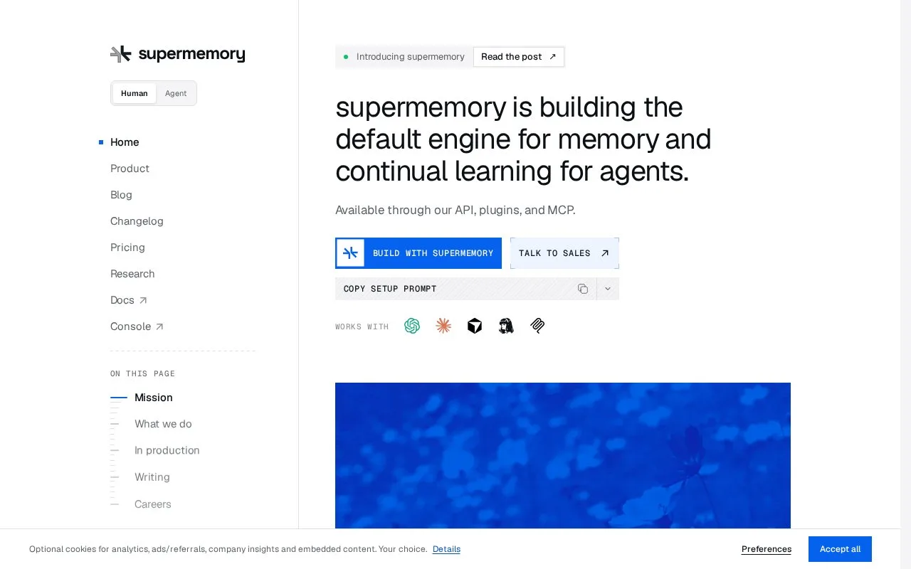 Screenshot of the supermemory homepage