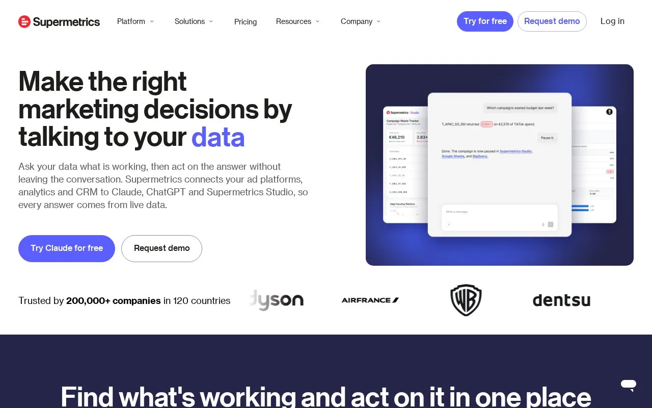 Screenshot of the Supermetrics homepage