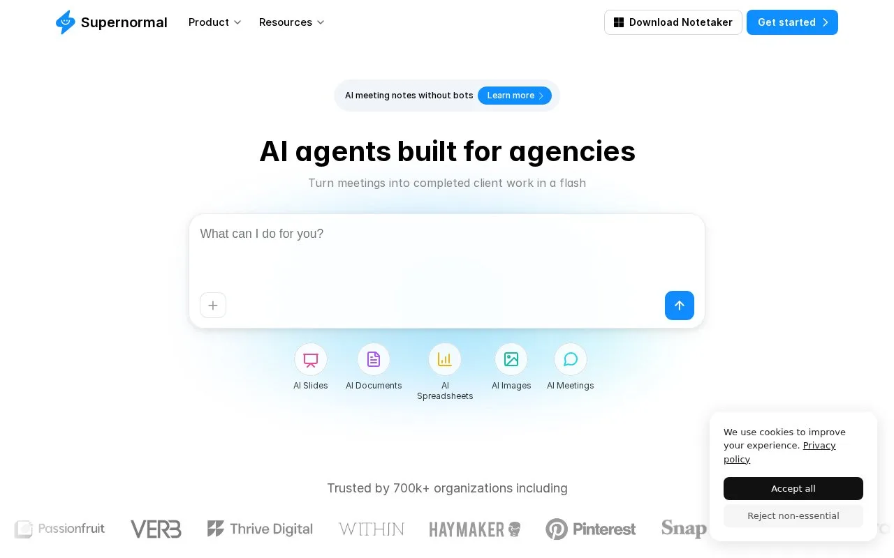 Screenshot of the Supernormal homepage