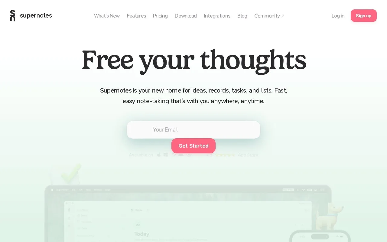 Screenshot of the Supernotes homepage