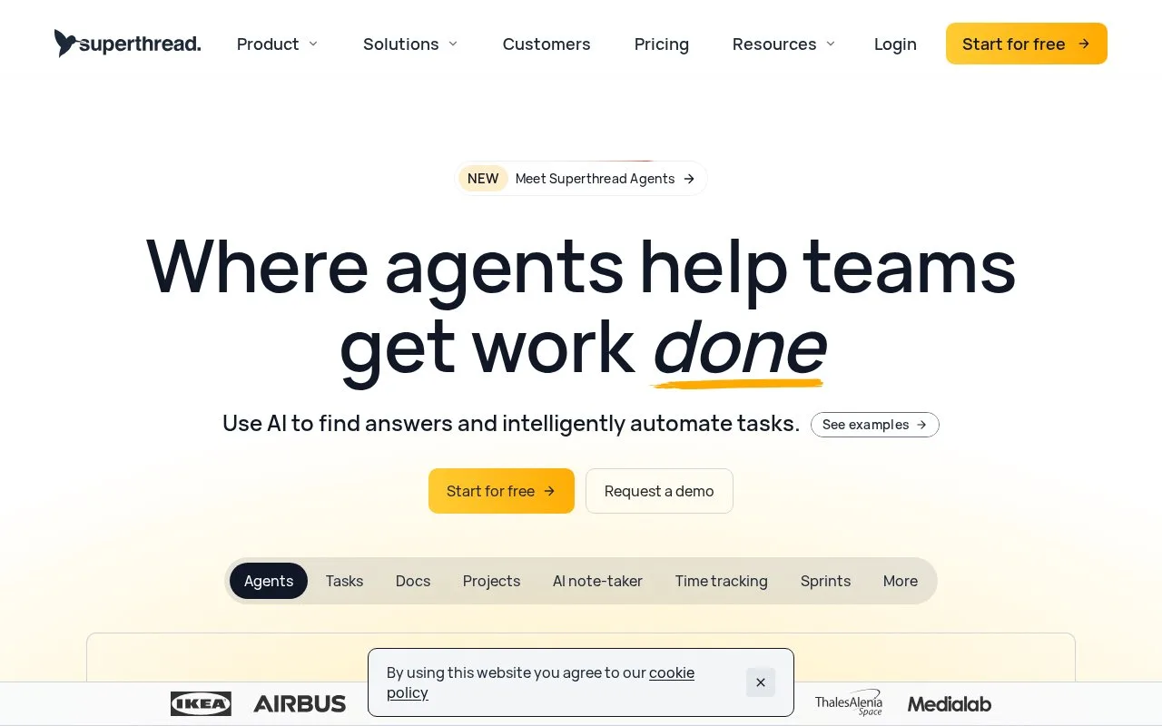 Screenshot of the Superthread homepage