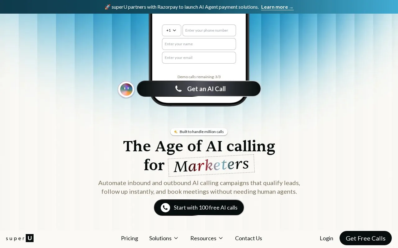 Screenshot of the superU AI homepage
