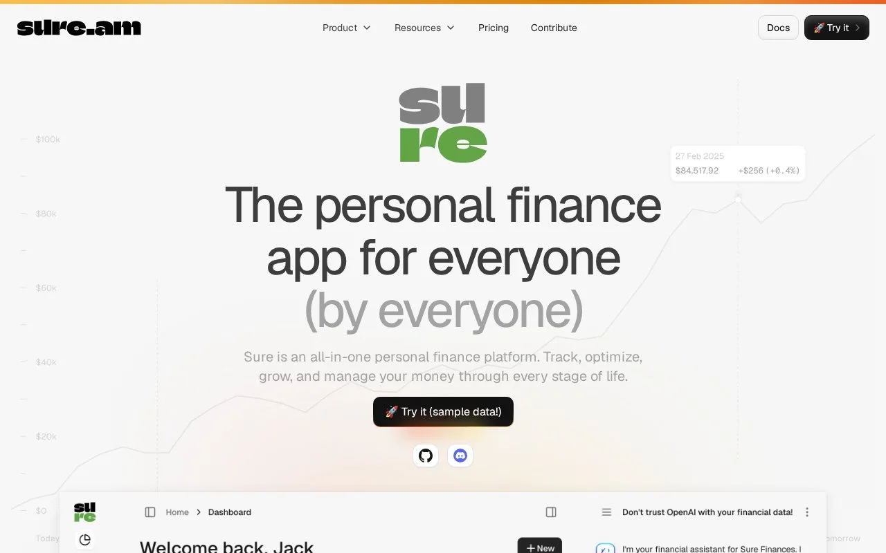 Screenshot of the Sure homepage
