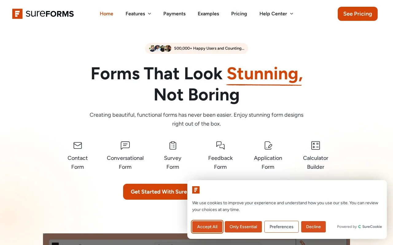 Screenshot of the SureForms homepage