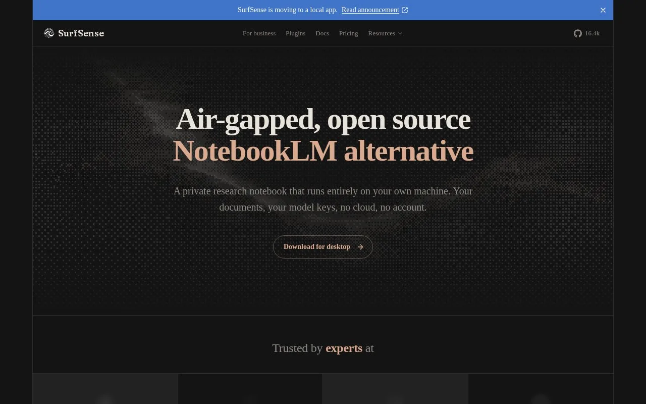 Screenshot of the SurfSense homepage