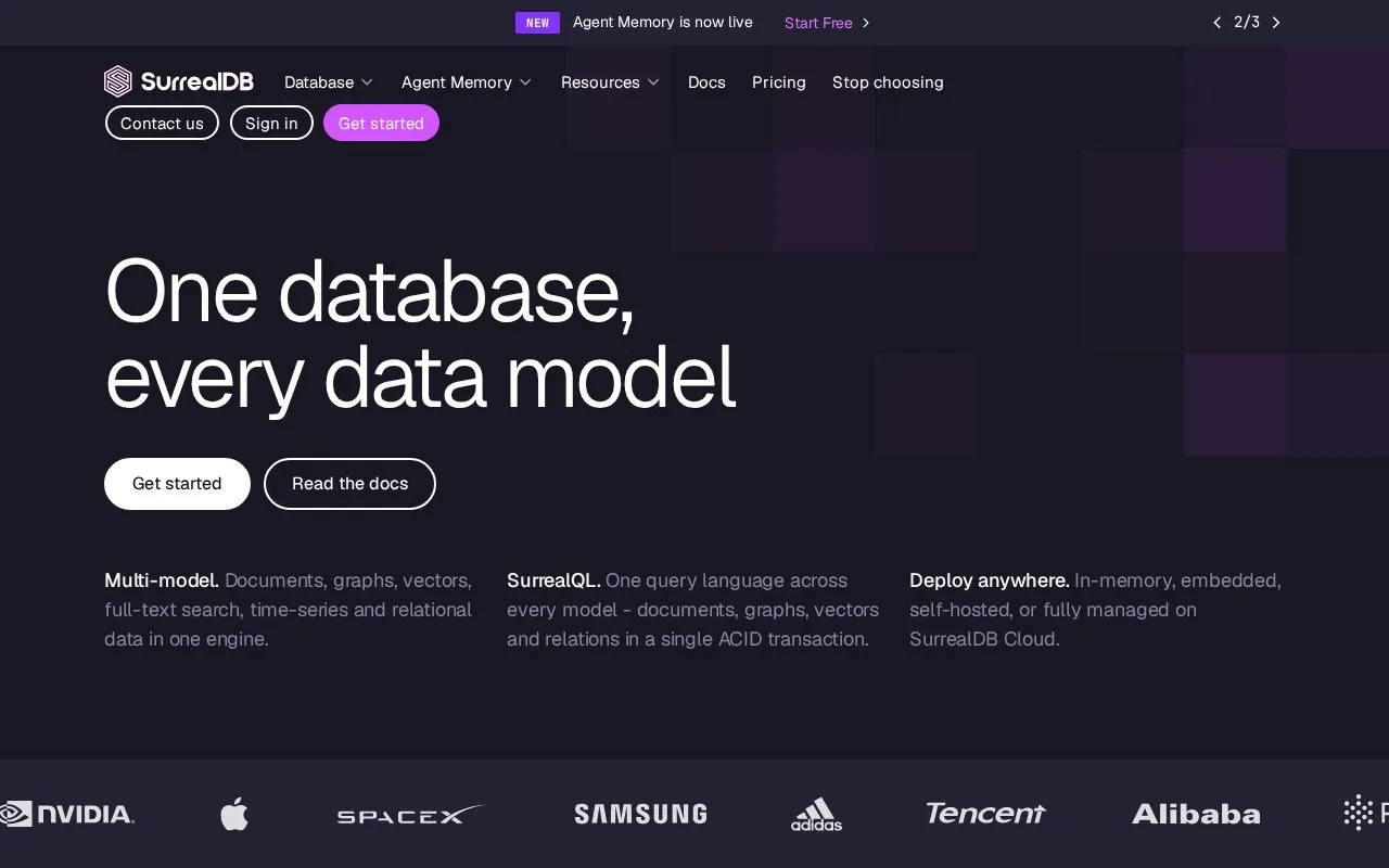 Screenshot of the SurrealDB homepage