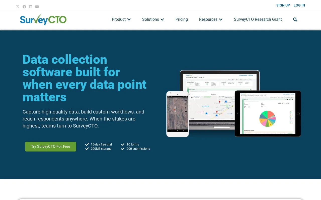 Screenshot of the SurveyCTO homepage