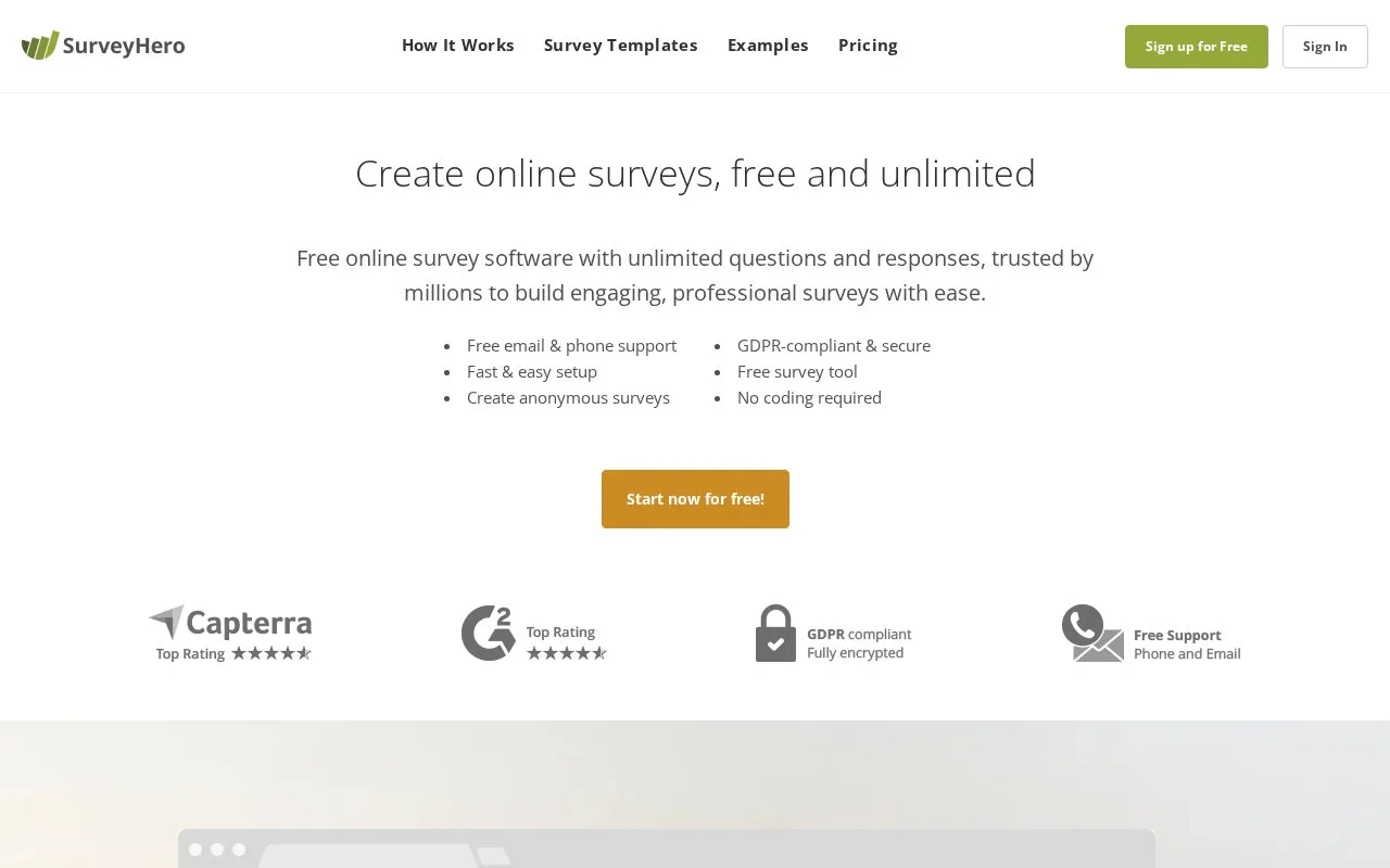 Screenshot of the SurveyHero homepage
