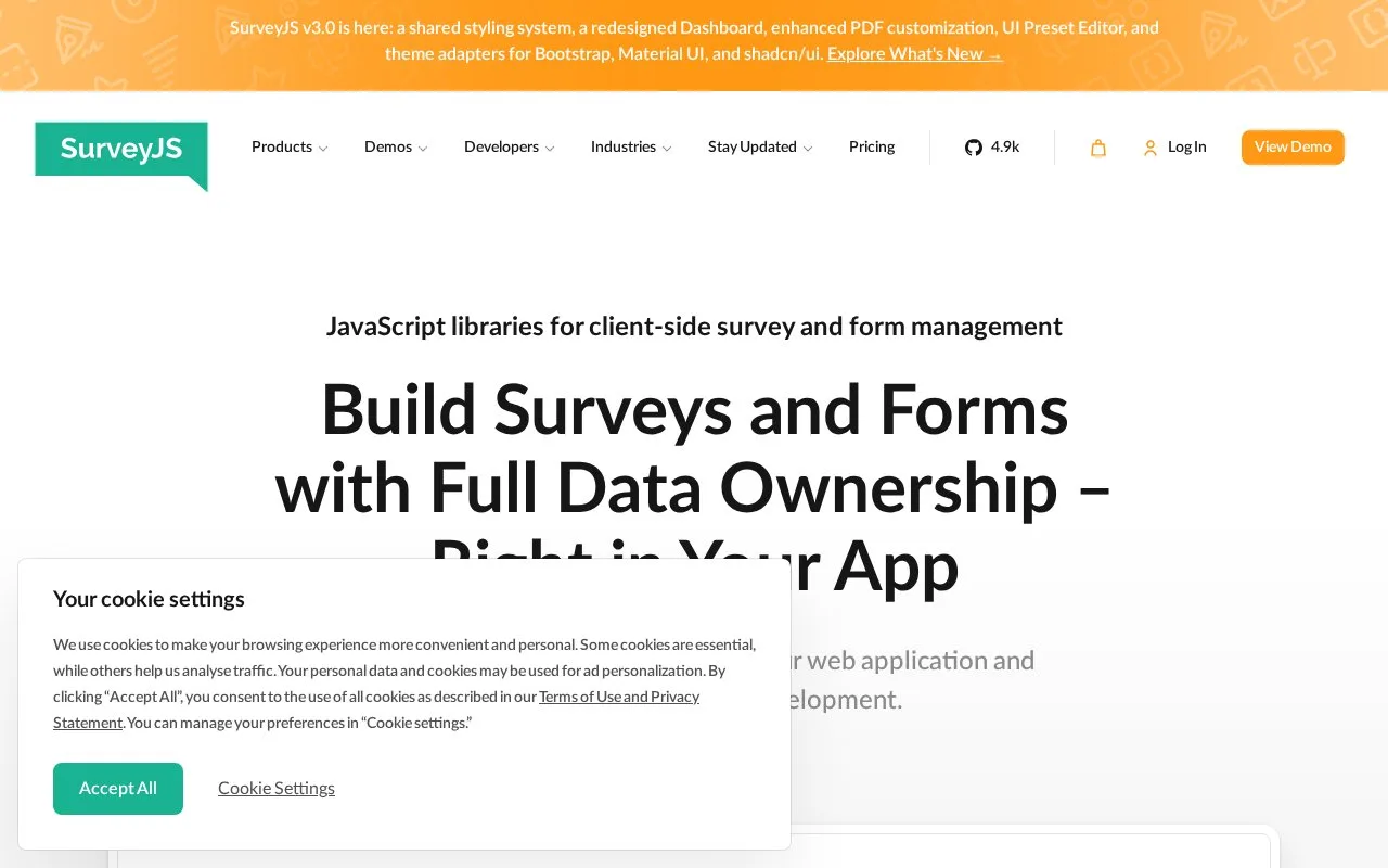 Screenshot of the SurveyJS homepage
