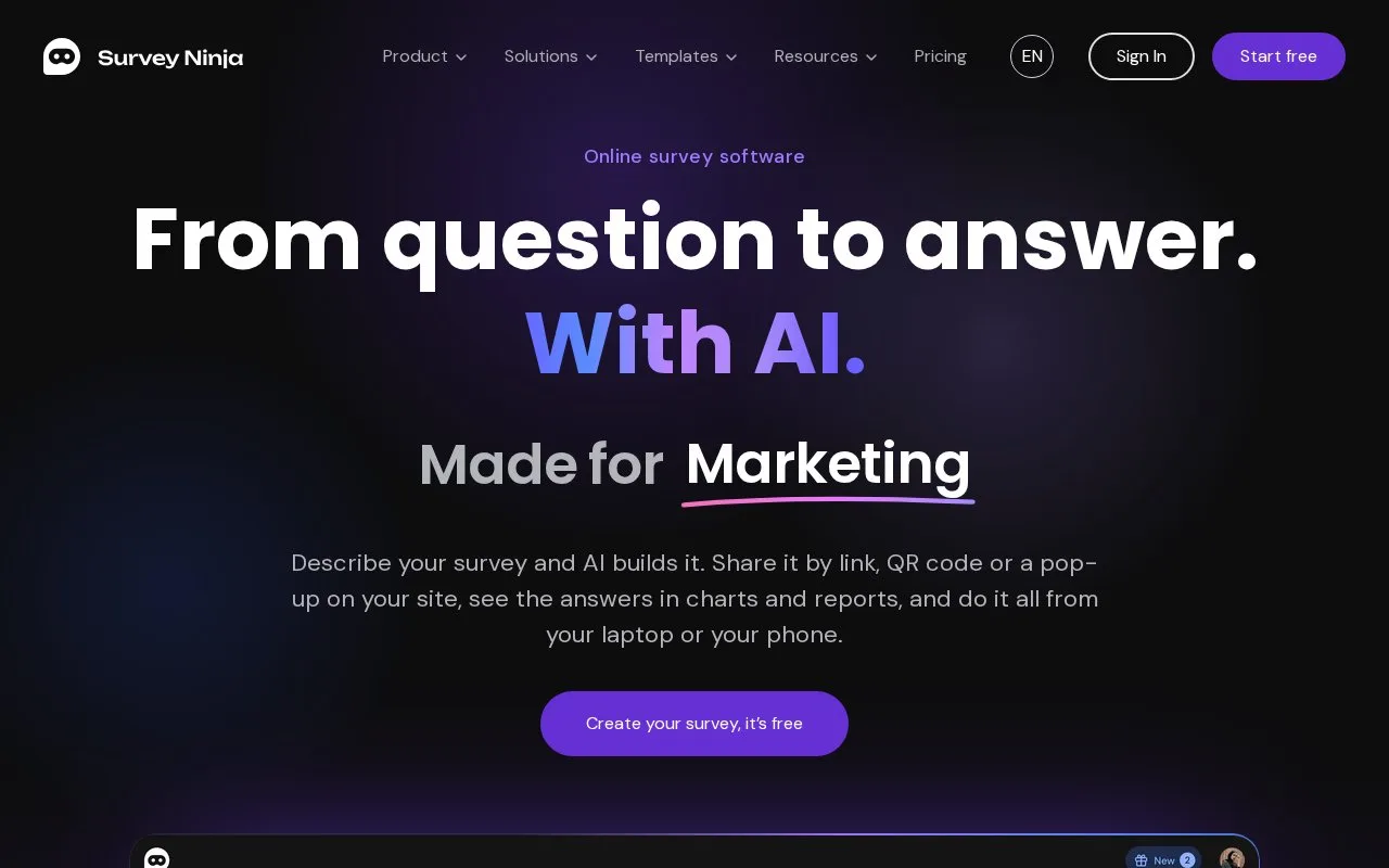 Screenshot of the SurveyNinja homepage