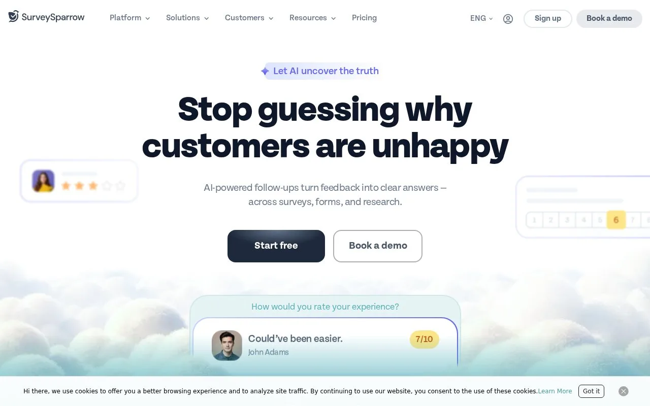 Screenshot of the SurveySparrow homepage