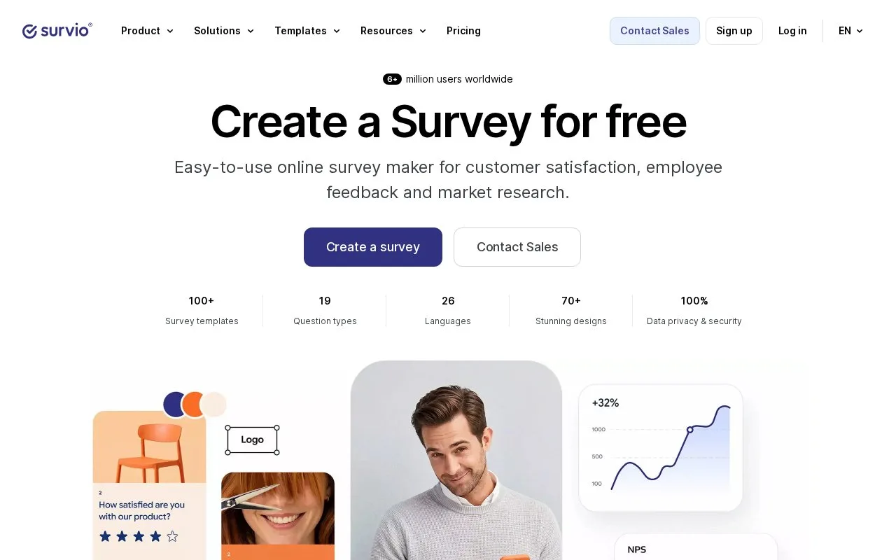 Screenshot of the Survio homepage